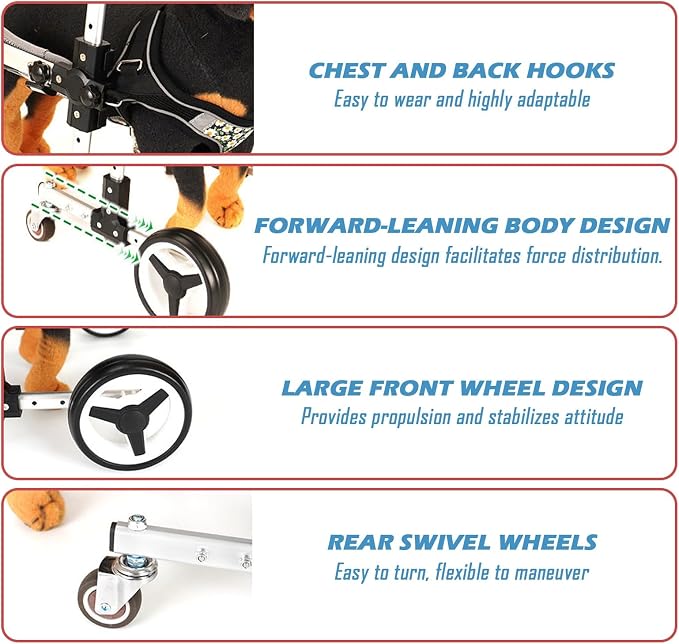 Dog Front Leg Wheelchair, Adjustable Pet Mobility Cart, Lightweight Stainless Steel Dog Rehabilitation Assist Walker for Small Medium Disabled Dogs, Hind Leg Support(Large)