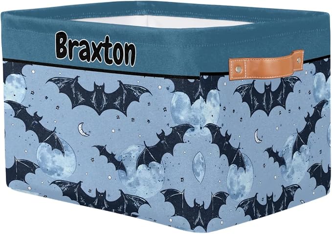 Personalized Storage Bins, Customized Name Storage Basket Rectangle Clothes Organizer for Organizing Kids and Pets Toys Shelf Closet, Dark Blue Bat with Stars