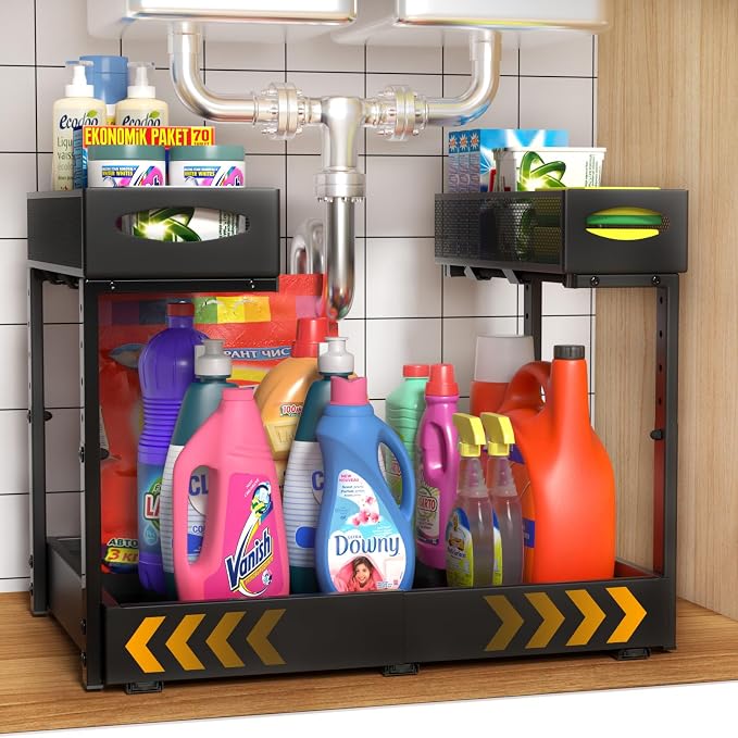 Housolution Pull Out Under Sink Organizer | 14"-21" Width Expandable & 13"-17" Height Adjustable