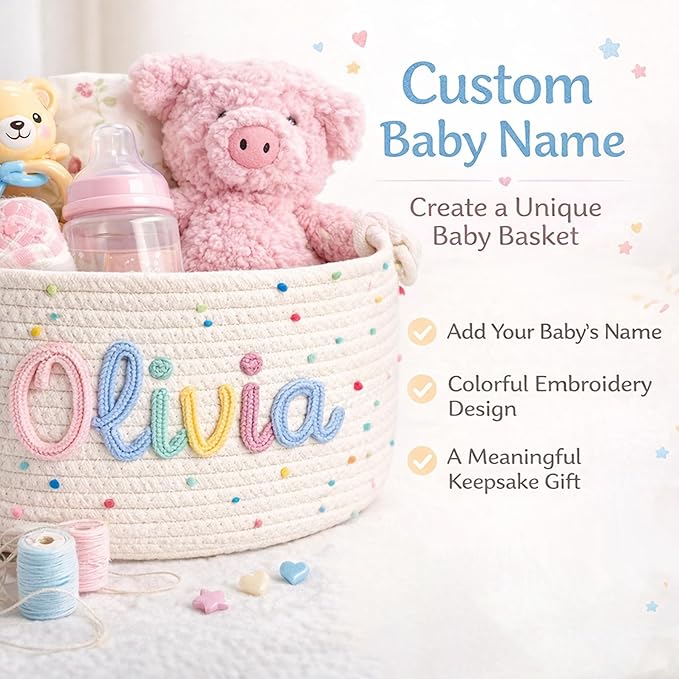 MBBEST Personalized Baby Basket with Name, Cotton Rope Nursery Storage Basket, Custom Baby Shower Basket, Small Diaper Caddy Organizer for Boys & Girls，Cute Girl & Boy Baby Gifts