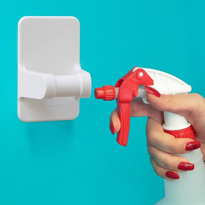 6 Spray Bottle Holder, Spray Bottle Hangers - Cleaning supplies organizer - Chemical spray bottle holder wall mount - Professional commercial sprayer bottle caddy up to 32 oz - White, 6 Pack
