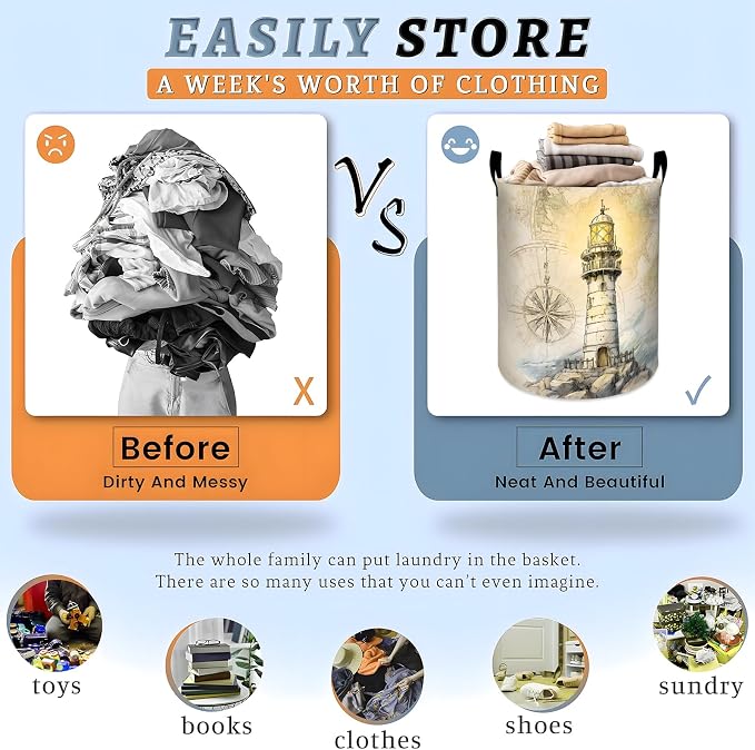 Lighthouse Laundry Basket, Coastal Ocean Compass Map Storage Hamper, Round Collapsible Waterproof Cloth Bin, 19.7x15.7 Inch Rustic Watercolor Clothes Organizer Gifts for Bathroom Decor