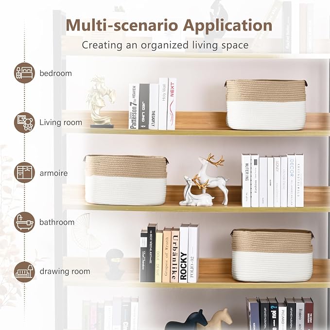 ECDYQXVU 15x10x9 Woven Cotton Rope Storage Basket, Leather Handles 1 Pack | Foldable Design, Sturdy PU Handles, Easy to Clean Organizer for Living Room, Closet, Shelves, Bedroom, Laundry, Clothes