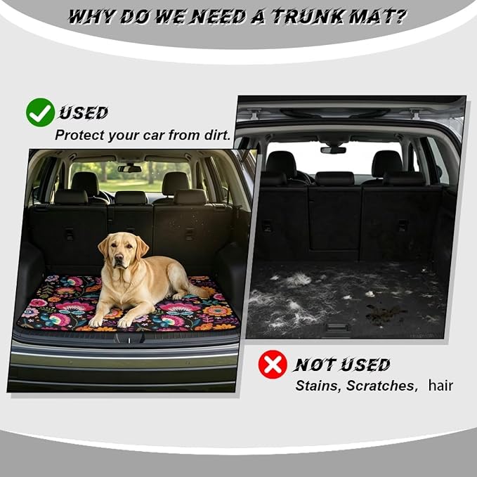 Colorful Floral Print Non Slip Car Trunk Mat, Universal All Weather Cargo Liner 29" x 39", Durable Washable Pet Friendly Rear Trunk Protection Mats