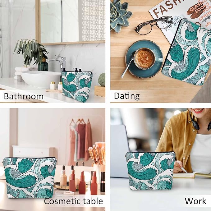 Women Makeup Organizer Bag Ocean Waves, Japanese Great Wave Ocean Sea Waves Flax Cosmetic Bag Makeup Bags Toiletry Bag Accessories Organizer Travel Bags For Home Bathroom Office Hotel Gym
