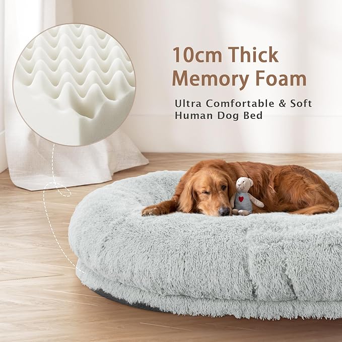 ROOMTEC Human Dog Bed, 71''x45''x12'' Size Fits Adult and Pet Washable Giant People Bed 10 CM Thick Memory Foam Large Oversize Pet Bed with Plump Pillow, Blanket, Strap - Grey