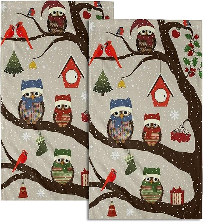 Giwawa Christmas Owl Towels 2PCs Xmas Red Birds Larger Hand Face Towel Winter Tree Berries Absorbent Microfiber Fingertip Towels Soft Guest Face Towel for Bathroom Spa Home Decor