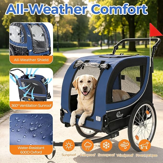 2 in 1 Dog Bike Trailer and Pet Stroller, 100 lbs Capacity Large Dog Bicycle Carrier with Steel Frame and 20" Air Tires & 8" Swivel Front Wheels, Foldable Pet Wagon Cart for Dogs Cats Outdoor Travel