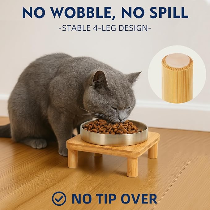 DoogCat Raised Cat Bowl, Elevated Cat Bowls with Bamboo Stand, Set of 2 | Premium Stainless Steel Bowls, Adjustable Height, Whisker-Friendly Design, Elevated Feeding, Easy to Clean