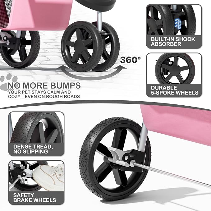 MoNiBloom Pet Stroller for Small/Medium Dogs and Cats up to 33 lbs, Pink | Foldable Dog Stroller 3 Wheels Pet Strolling Cart w/ Storage Basket Cup Holder, Breathable and Visible Mesh for All-Season