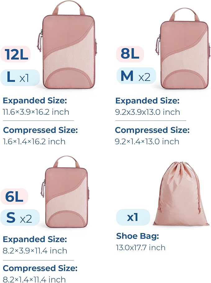 Bagsmart Compression Packing Cubes, Travel Bag Cruise Ship Essentials | Lightweight, Compressible Suitcase Organizer Set fit Standard Carry-On & Checked Luggage, 6 Set, 14 Set Washable Packing Bags