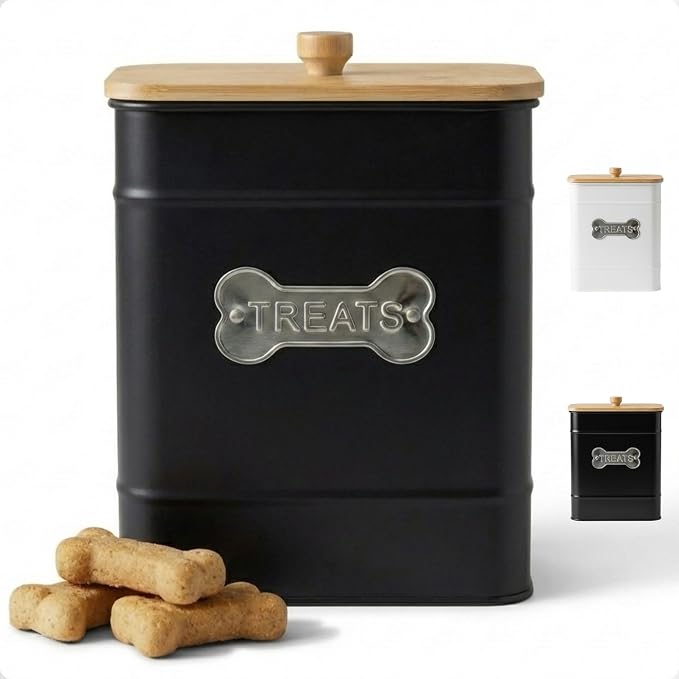 Dog Treat Container Airtight, 6"W x 8"H, Powder Coated, 12 Cup Capacity | Fits All Popular Treats, 12 Cup Capacity, Airtight Bamboo Lid, Easy Open Lid, Dent-Resistant Durable Metal
