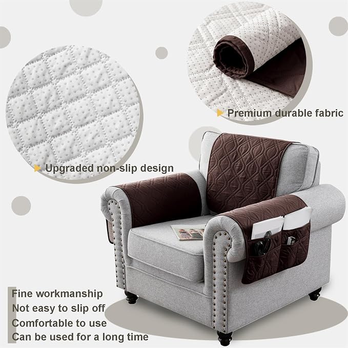 Recliner Armrest Cover with Headrest, Chair Armrest Slipcover with Side Pockets, Water-Resistant, Non Slip Furniture Protector for Pets (Coffee,2 Seater 4PCS)
