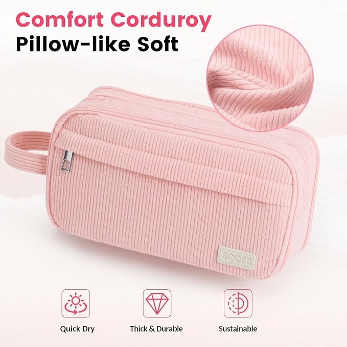 Sooez High Capacity Pencil Case, Soft Corduroy Pencil Pouch with 4 Compartments, Multiple Pockets, Large Pencil Bag with Sturdy Zipper, Cute Pencil Case Pouch Organizer for Student Teen Girls, Pink