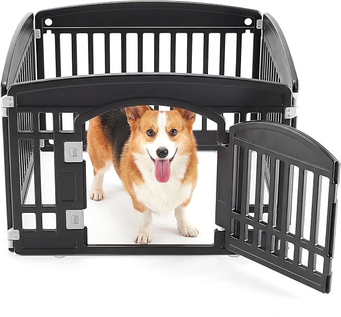 NEWBULIG 24 Inch 4 Panels Dog Playpen, Plastic Pet Play Pen Fence | Portable, Secure Locking Door, Indoor Outdoor Yard RV Camping, Small Medium Dogs, Black