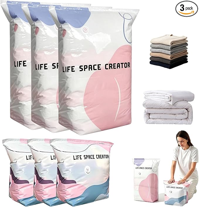 3 Sets Cube Compression Space Saver Bags, No-Pump 3D Vacuum Storage Bags | Large Size Storage Solution, Protect Clothes from Moisture & Dust, Ideal for Bedding, Seasonal Gear & Travel