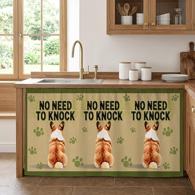 NO Need to Knock Cabinet Curtains 28"x51" Sink Skirt for Bathroom Kitchen, Corgi Dog Paw Prints Pet Lover Farmhouse Self Stick Adhesive Under Desk Covers Tall Laundry Cabinet Storage Organizer