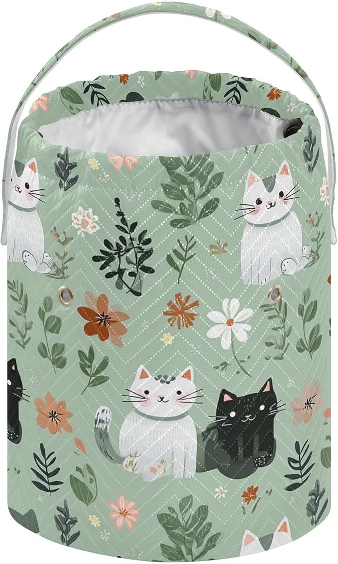 Tatenale Crochet Bag Yarn Bag Knitting Project Bag with Pockets and Handle Portable Yarn Storage Organizer Tangle Free 8.3x11 InchMint Green Floral and Cute Cats02