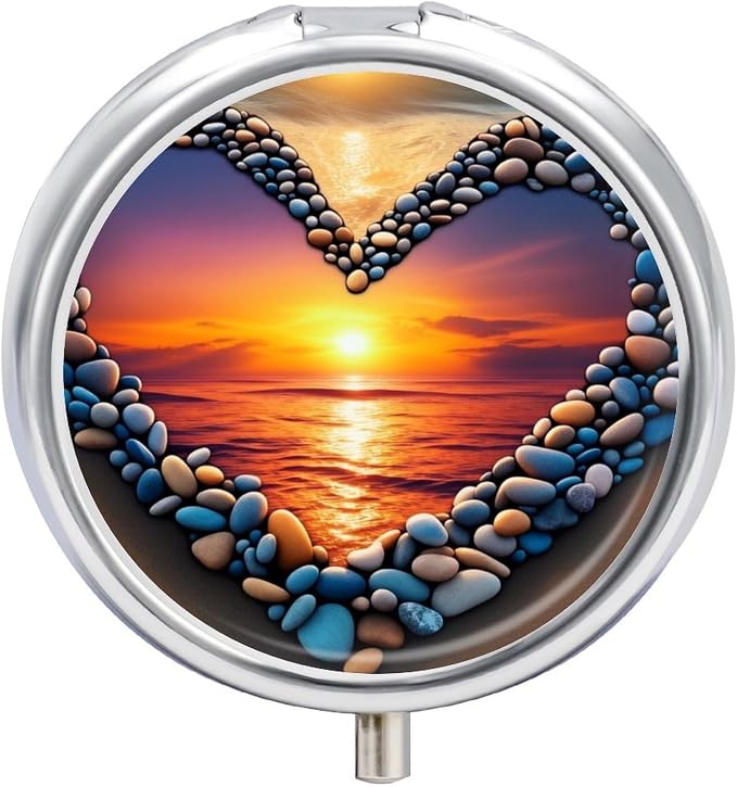 Love Beach Metal Round Pill Box, 3 Compartment Travel Organizer, Portable Pill Container with Secure Latch, 2 Inch Circular Vitamin Caddy for Pills and Vitamins, Gift for Him Her Elderly