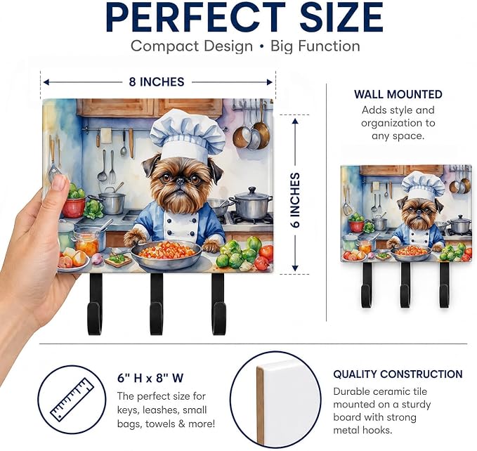 Caroline's Treasures Brussels Griffon The Chef Leash or Key Holder Wall Hooks, Key Hooks Holder, Coat Rack Wall Mount, Coat Hooks, Hooks for Hanging Keys, Towels, Aprons, Leashes | Brussels Griffon The Chef artwork on ceramic tile with three steel hook...