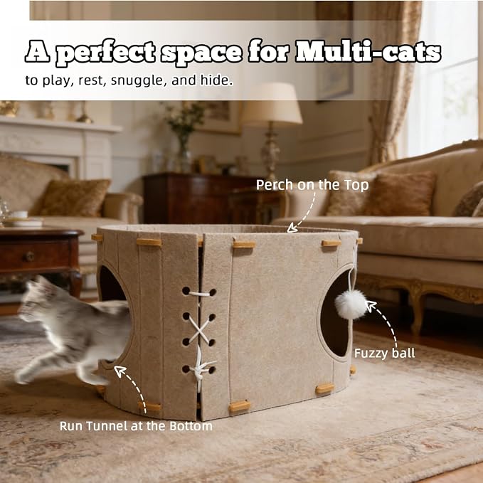 Cat House for Indoor Cats - Foldable Cat Bed Cave with Scratch-Resistant Felt Cats Tunnel Bed Condo & Hanging Fluffy Ball | Cozy Spacious Hideaway for Multi-Cats| Durable & Easy to Store, Cream