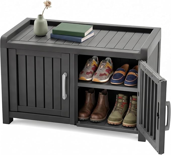 ROJIK Shoe Storage Bench, Shoe Cabinet Double Door, Black | Waterproof UV-Resistant,Storage Bench Indoor Outdoor with Adjustable Shelves,for Entryway Bedroom,Hallway,Living Room