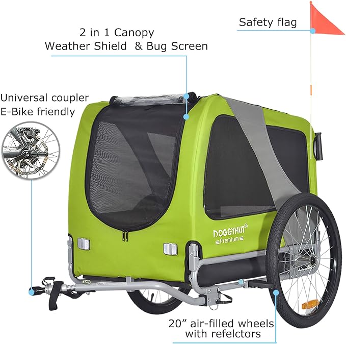 DOGGYHUT® Premium L Pet Bike Trailer & Stroller Up to 77 lbs (Lime Green) | Bicycle Trailer for Small Medium or Large Dogs, Dog Bicycle Carrier, Low Center of Gravity, Folding Frame Cart