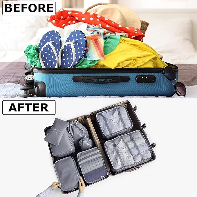 LANSKLBD 6/8 Set Packing Cubes for Suitcases Travel Luggage Packing Organizers,Travel Accessories Essentials Luggage Organizer with Shoe/Tioletry/Laundry Bag (Grey, 8 set)