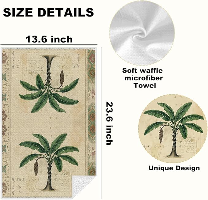 4 Pcs Vintage Banana palm Tree Kitchen Towels, Rustic Charm Decorative Absorbent Microfiber Dish Cloth Tea Towel, Waffle Soft Hand Towels for Farmhouse Home Bathroom Kitchen Decor, Housewarming Gifts