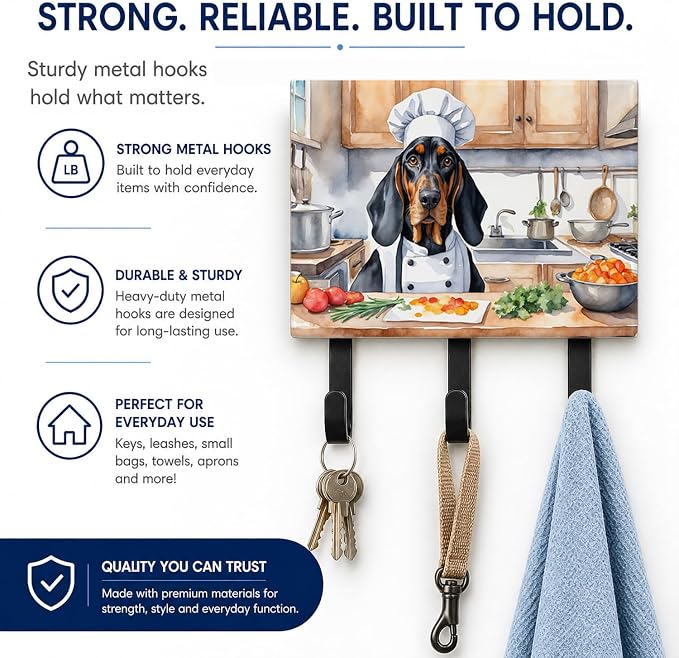 Caroline's Treasures Black and Tan Coonhound The Chef Leash or Key Holder Wall Hooks, Key Hooks Holder, Coat Rack Wall Mount, Coat Hooks, Hooks for Hanging Keys, Towels, Aprons, Leashes | Black and Tan Coonhound The Chef artwork on ceramic tile with th...