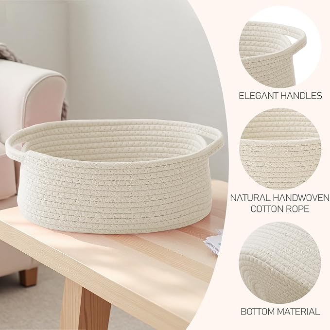 JMvicyroam Small Woven Basket, Empty Gift Basket, White/3 Pack | Small Gift Basket, Cotton Rope, 12 x 8 x 8 in, Handles, Includes Ribbon and Bag, Birthday Gift Basket