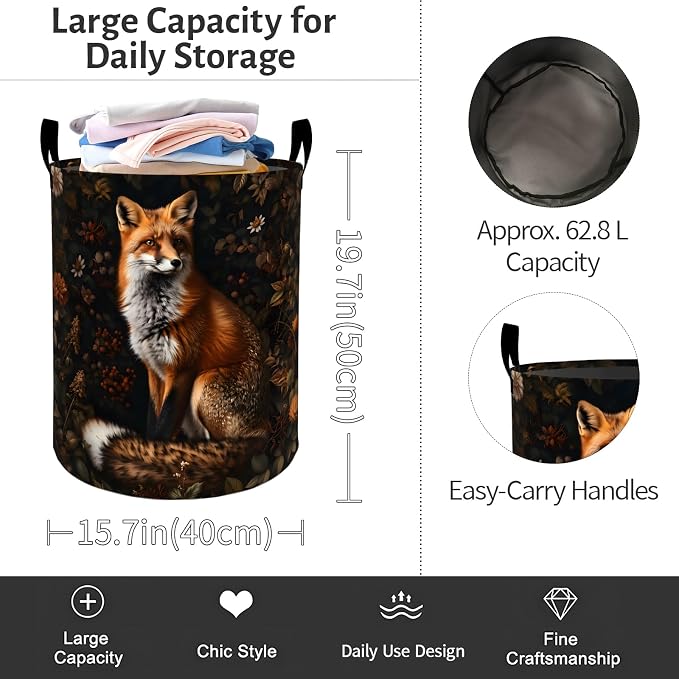 Rustic Fox Floral Laundry Basket, Woodland Animal Foldable Oxford Cloth, Waterproof Dirty Clothes Hamper with Handles, Clothing Storage Bin Toy Organizer for Bedroom Dorm Bathroom, 19.7"x15.7"
