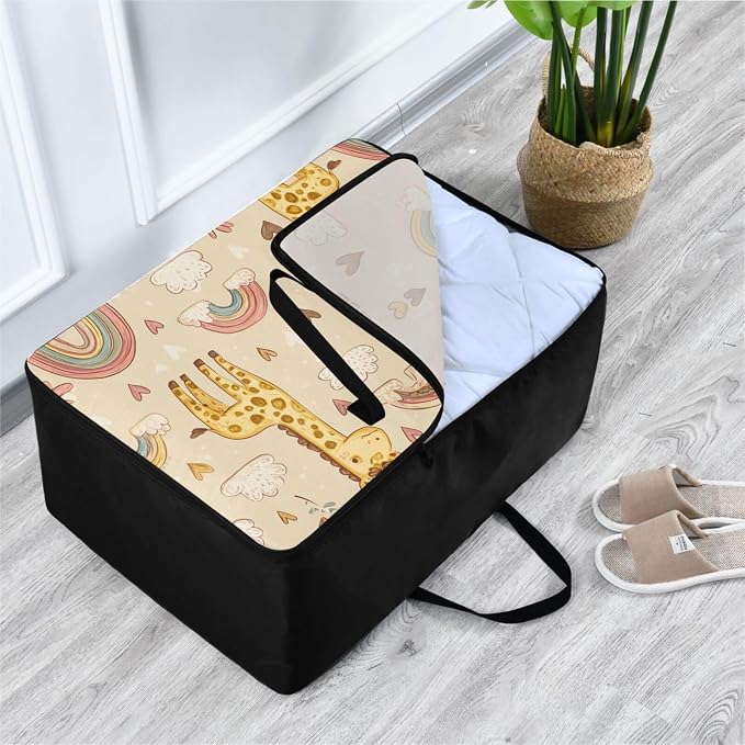 Comforter Storage Bags Large Folding Blanket Organizer Bag with Strong Handles Clear Window Closet Storage Containers for Clothes King Queen Pillows Bedding Quilt Duvet Cute Giraffes Rainbows C