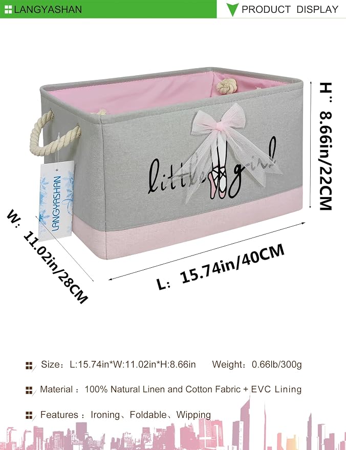 Rectangular Thick Pink Storage Bin Household for Closet Kitchen Office Lace | Foldable Space Saving Canvas Fabric Laundry Hamper with Handles Organizer for Boys Girls Bedroom Shelf Gifts Baskets