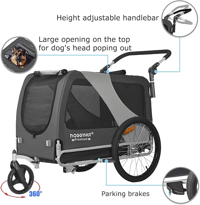 DOGGYHUT® Premium X Large Pet Bike Trailer & Stroller Up to 100 lbs (Gray) | Bicycle Trailer for Small Medium or Large Dogs, Dog Bicycle Carrier, Low Center of Gravity, Folding Frame Cart