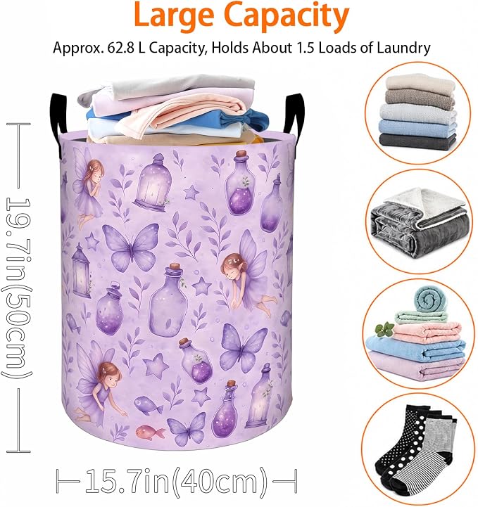 Fairy Laundry Basket, Cute Angel and Purple Butterfly Oxford Cloth Dirty Clothes Collapsible Hamper for Room Decor, Fantasy Gifts, Toy Organizer 19.7 x 15.7 Inches for Bedroom Bathroom Dorm