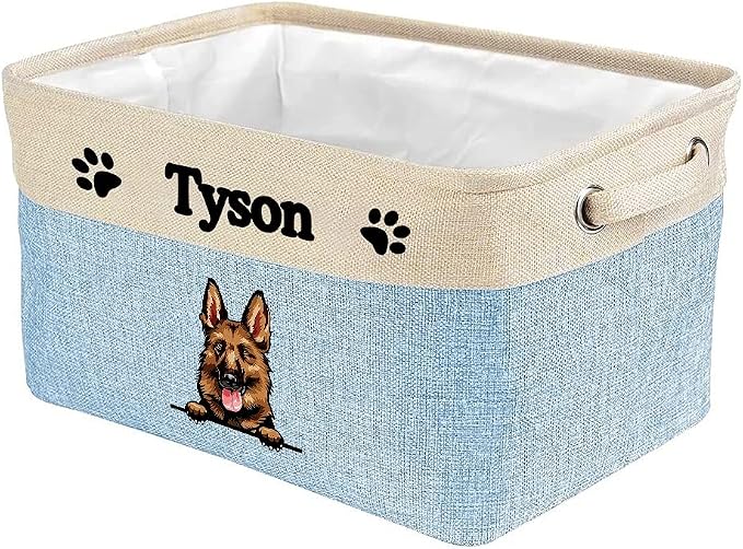 Personalized Fabric Dog Toy Storage Basket with Cute Dog German Shepherd Collapsible Sturdy Fabric Pet Toys Storage Bin Cube with Handles for Organizing, Blue amd White