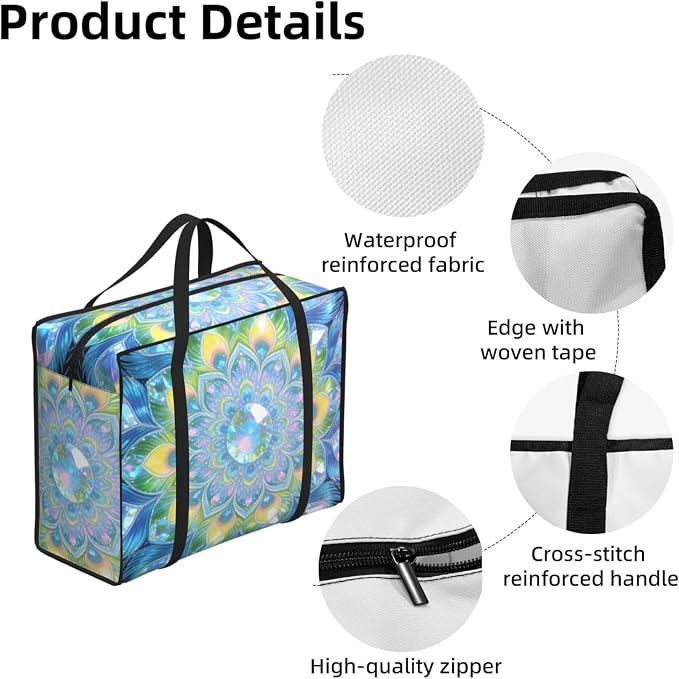 48.7L Sturdy Moving Bags Peacock Feather Mandala Boho Print, Collapsible Oxford Fabric Storage Organizer Bags with Comfortable Handles for Travel