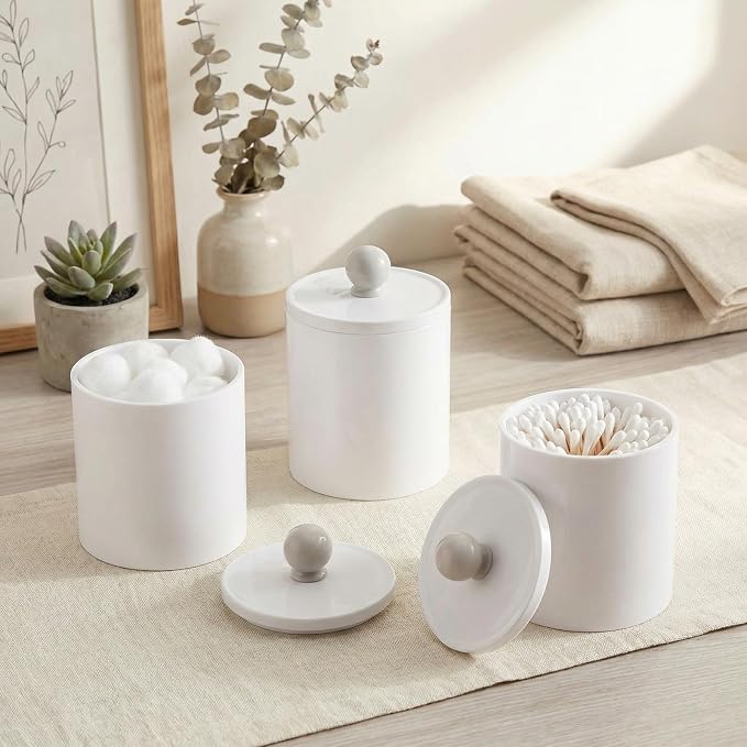 SheeChung 4 Pack Qtip Holder, White Acrylic Qtip Jars for Bathroom | (2) 10oz & (2) 12oz Shatterproof Qtip Holder Set-Bathroom Vanity Organizer for Cotton Swabs,Balls,Pads -Minimalist Decor