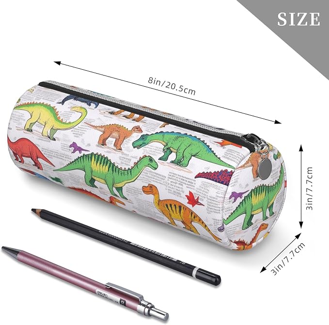 OSAM SPACE Leather Pencil Case Round Pencil Bag Dinosaurs in Various Pen Organizer Holder Portable Zipper Pouch Cute School Supplies for Girls Boys Study Office