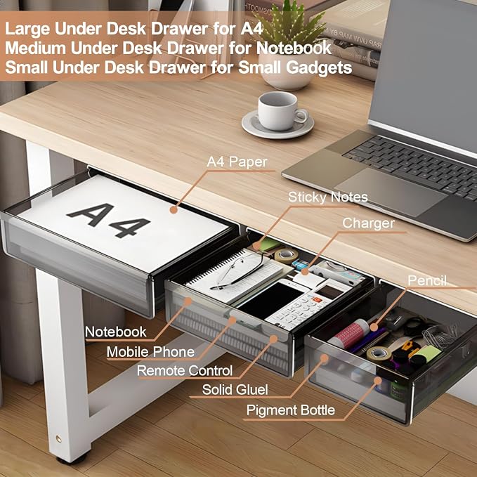 SVNNELP Under Desk Table Drawer Storage Organizer,3 Pack Large & Medium & Small Slide Out Desk Drawers - Hidden Desktop Organizer,Attachable Pencil Storage Tray Under Table(SML)