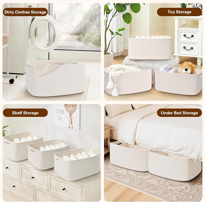 4 Pack Large Storage Basket for Organizing, 17.5"x13"x7" Woven Basket for Shelves, Closet Cube Storage Bins with Wrapped Handle, Cotton Rope Baskets for Kitchen, Clothes, Toys(Off White)