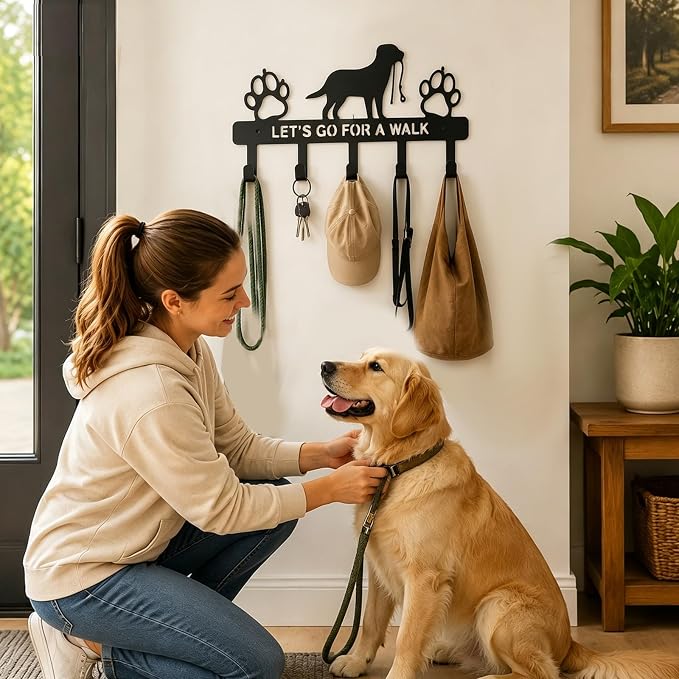 5-Hooks Dog Leash Holder for Wall, Metal Key Holder Leash Hooks,Pet Leash and Key Organizer, Screw Mounted Rack for Leashes Keys Collars, Entryway Garage Mudroom(10.6" × 4.9" × 0.8")