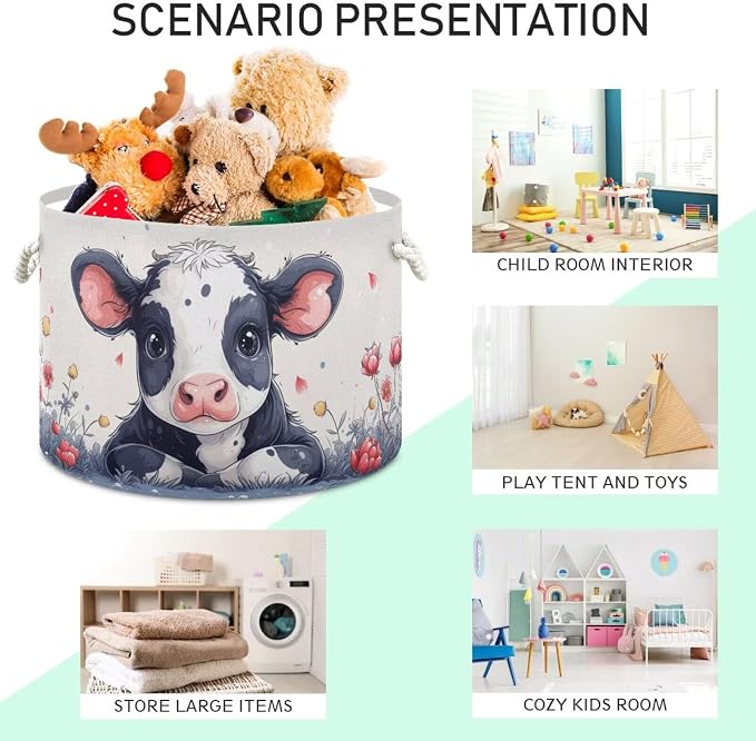 Cute Cow Print Collapsible Round Storage Basket with Handles | Farm Animal Flower Large Laundry Baskets Hamper, Organizer Bin for Nursery Bedroom Living Room Decor, 20x 20x 14 Inches