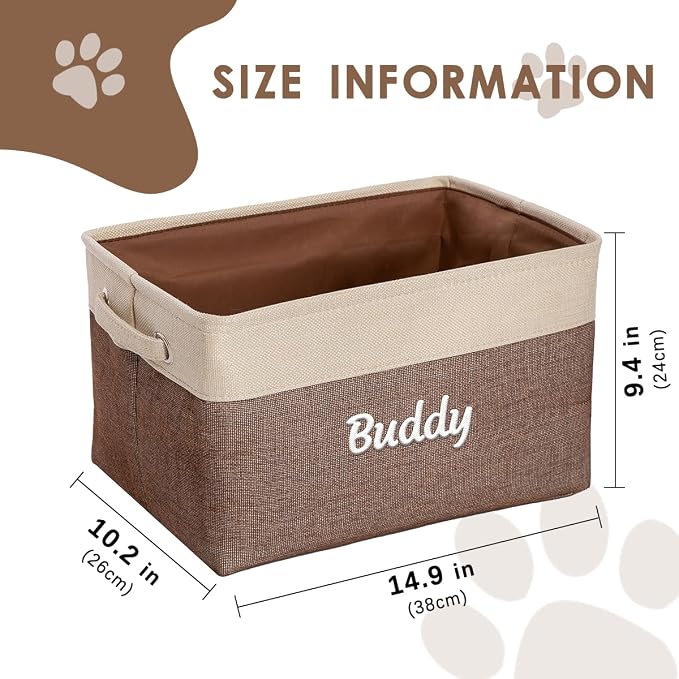 Ulico Custom Dog Toy Storage Basket, Collapsible Pet Organizer Box with Handles, Personalized Dog Toy Bin, Brown