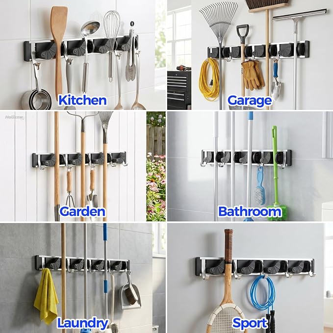 Holikme Mop Broom Holder Wall Mount Metal Pantry Organization and Storage Garden Kitchen Tool Organizer Wall Hanger for Home Goods (4 Positions with 4 Hooks, Black)