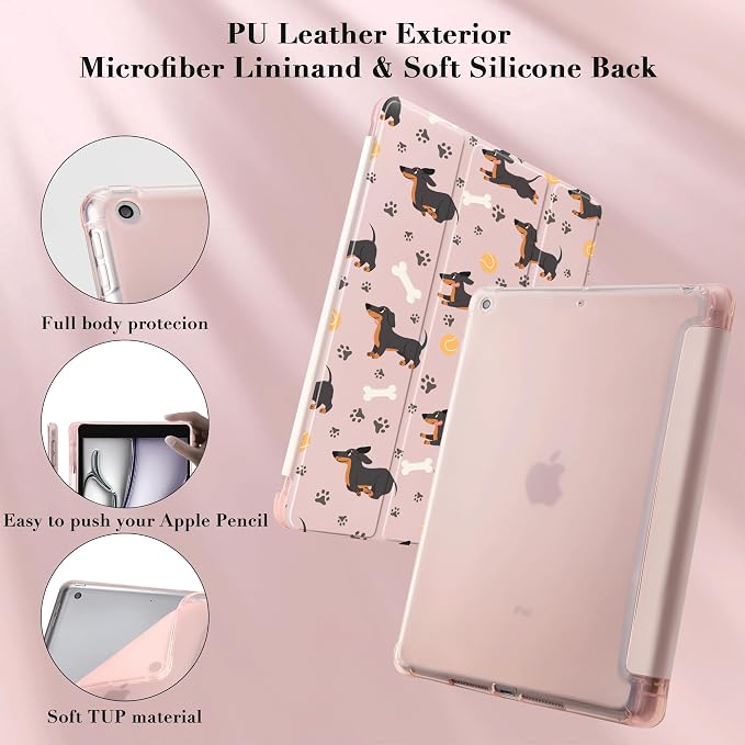 Cute Dachshund Dog Case for 11" iPad Air(2024), Clear TPU Smart Stand Back Cover with Pencil Holder, Auto Wake/Sleep Foldable Shockproof Protective Case