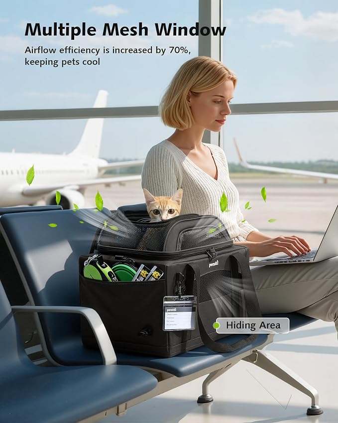 Pecute Top Expandable Airline Approved Pet Carrier for Cats, Dark Gray | Top side expandable, breathable scratch-resistant mesh, leakproof pee pad, locking zippers, foldable travel bag under 11lbs.