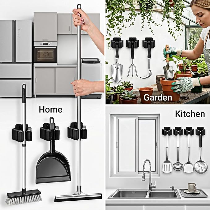 24Pcs Mop and Broom Holder Wall Mount with Screws Matte Black | Heavy Duty Garden Tool Organizer Rack Broom Hanger, Stainless Steel Mop Hanger Wall Mounted for Space Saving