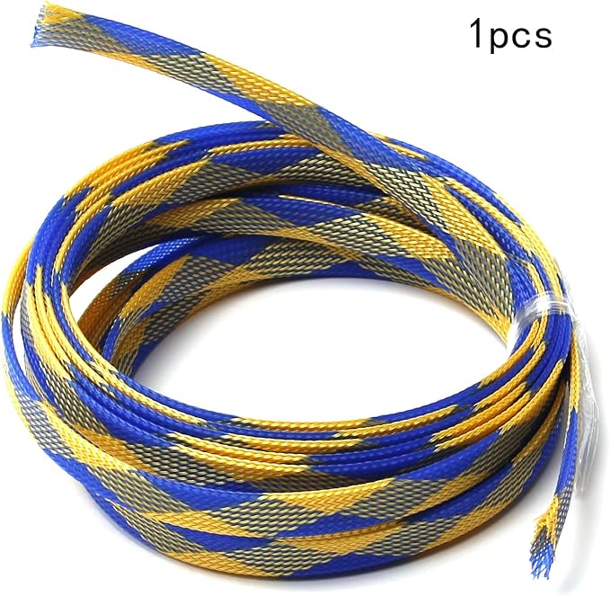 Jutagoss PET Expandable Braided Cable Sleeve, 16.4ft - 1/2 inch Blue Yellow Cable Management Sleeve, Wire Loom Tube Cord Protector for USB Cable, Power Cord, Audio Video and More, 1Pc